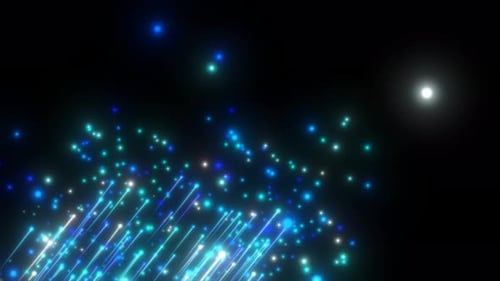 Abstrato azul voando, diagonais, linhas brilhantes, meteoritos de energia e luz de partículas e magia.