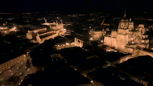 Aerial Shot Of Unique Architectural Cathedrals In Salamanca Down Town, Spain