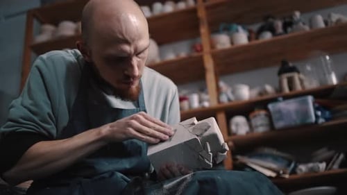 Skilled Young Master Sculptor Polishing Plaster Statue with Sandpaper