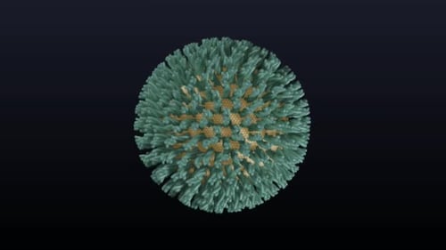 Virus particle with green spikes on dark background