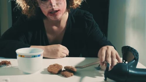 brutalisation, aliénation : une femme au regard catatonique joue avec le bracelet