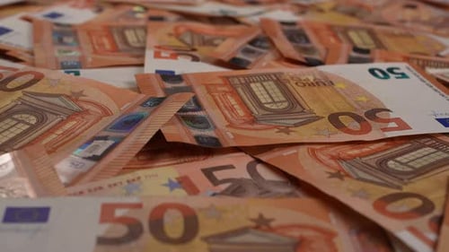 Close Up of Scattered 50 Euro Banknotes