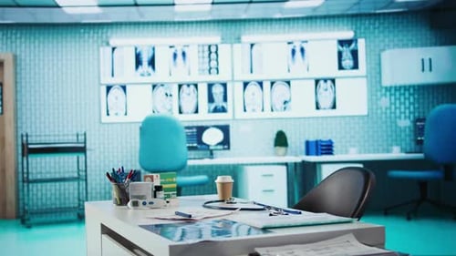 Empty Doctor Office Featuring Modern Medical Equipment and Drugs