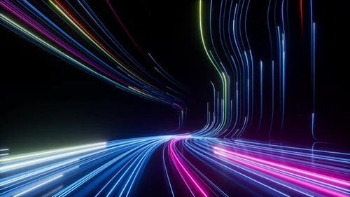 Abstract black background with pink and blue neon glowing lines that move into the distance