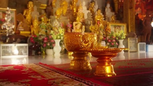 Ornate, Golden Chalices In Buddhist Temple