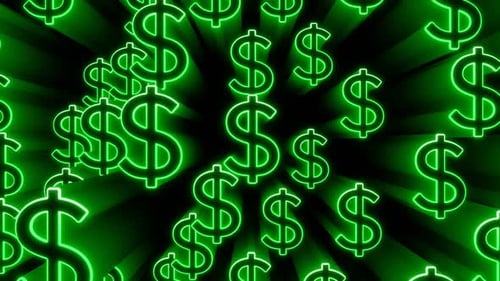 Animationshintergrund mit grünen Neon-Dollarzeichen und Wellen
