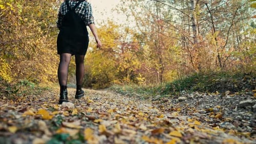 Hipster Woman Rejoices Autumn in Parkbeautiful Golden Nature Back Walking Park