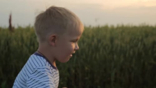 Child Smiling in Wheat Field at Golden Hour
