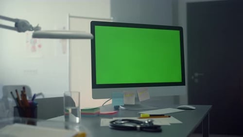 Doctor's green screen computer monitor ready for work in modern hospital office