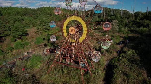 Aerial Closeup Abandoned Ferris Wheel Drone in Japan Kejonuma Leisure Island Sky Serene Landscape
