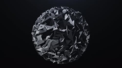 Black lowpoly geometric sphere with sharp crystal facets, abstract dark 3D orb