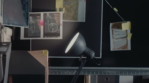 Moody Detective Desk with Investigation Board and Evidence