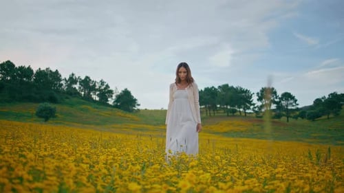 Gentle Woman Standing Flowers Field Cloudy Summer Lady Strolling Yellow Meadow