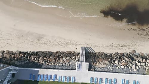 Sunbeds Over Private Beach Resort In Dennis Port, Nantucket Sound, Massachusetts USA. Aerial Shot