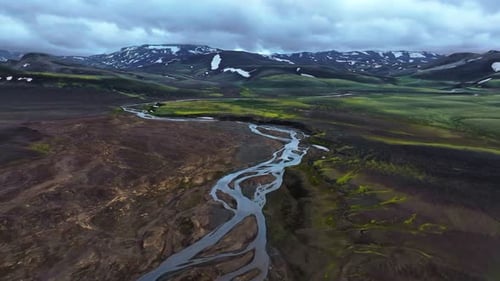 Iceland highlands nature Landmannalaugar, aerial drone above glacier river landscape