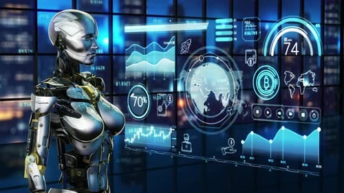 Futuristic AI Robot Analyzing Digital Business Data Interface