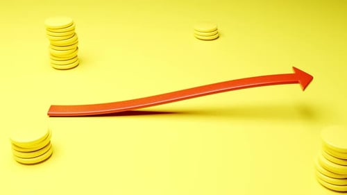 Red arrow wave graph moving among the coins 3d render.