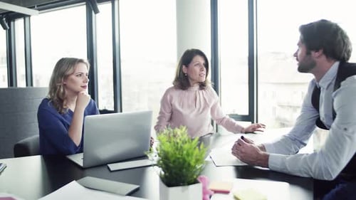 Equipe de negócios alegre discutindo projeto em laptop em escritório moderno