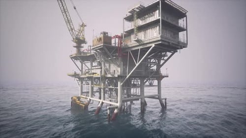 Old Oil Platform in Foggy Waters Showcasing Offshore Drilling Operations