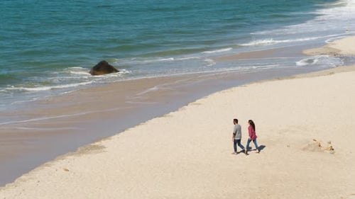 Couple Walking On Beach, Aerial Drone, Romantic Ocean Slow Motion
