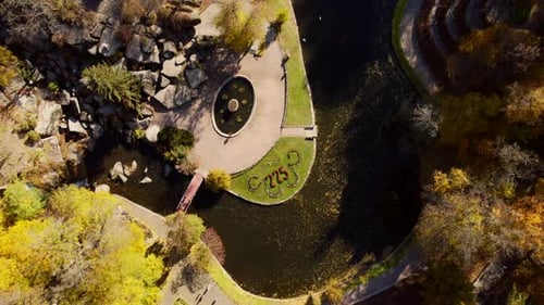 Park in Autumn Beautiful Landscape View Public Park with Lake Fountain Paths