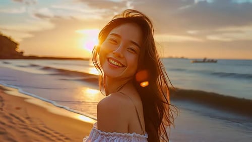Smiling woman on beach at sunset (1)