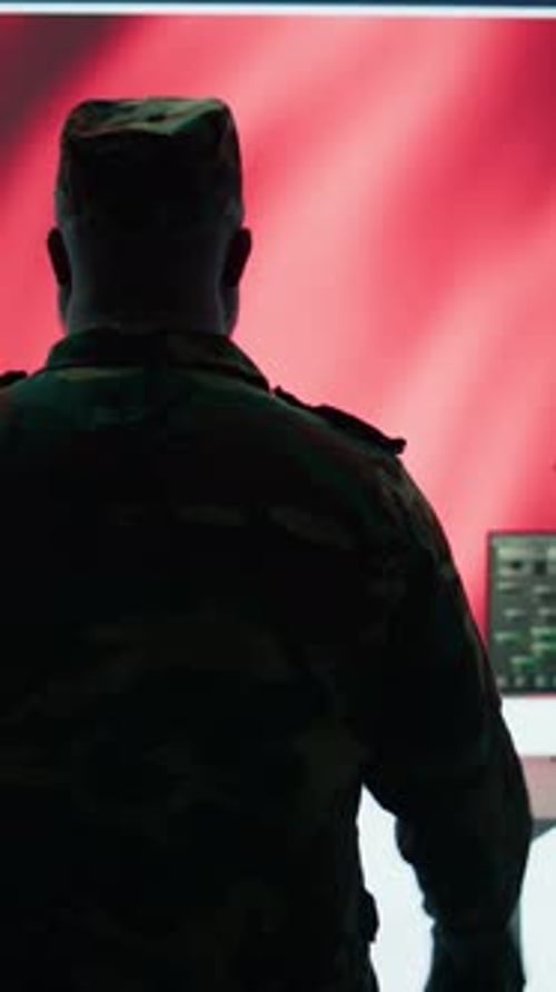 Vertical Video American Army Working in a Command Post with Green Screen