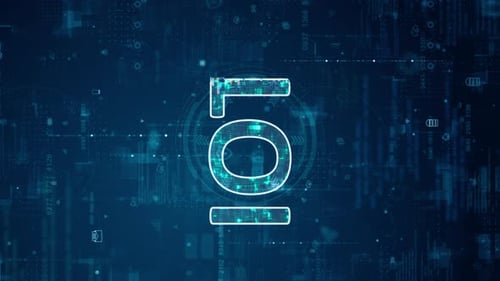 Blue digital IOT letter logo and futuristic circle HUD with big data processed