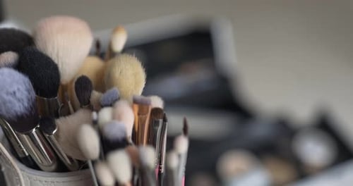 Assorted Makeup Brushes in Holder Close Up