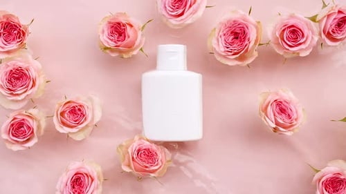 Cosmetic Bottle and Pink Rose Flowers Slow Motion of Waves Water Clear Water with Reflections