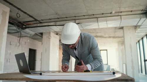 Architect Managing Building Development Using Laptop and Walkie Talkie