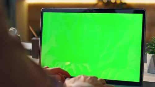 Businessman Hands Typing Green Screen Laptop in Office Closeup. Unknown Man Pressing