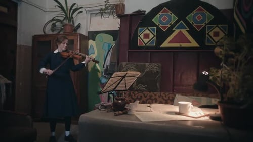 Woman Playing Violin in Retro Office