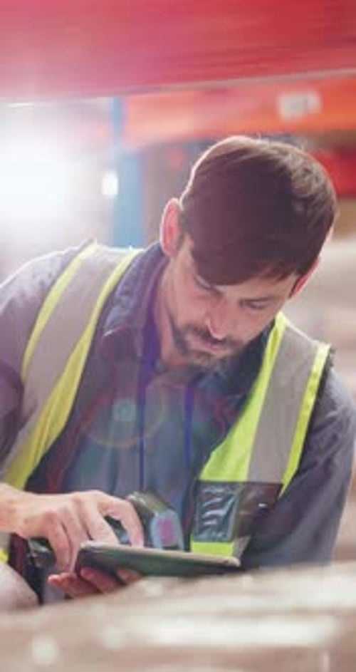 Distribution, scanner and man in warehouse, tablet and checklist for quality control