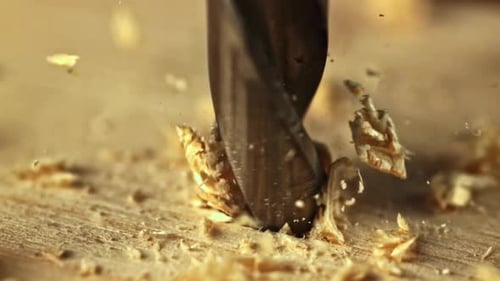 Drill bit drilling into wood plank with shavings
