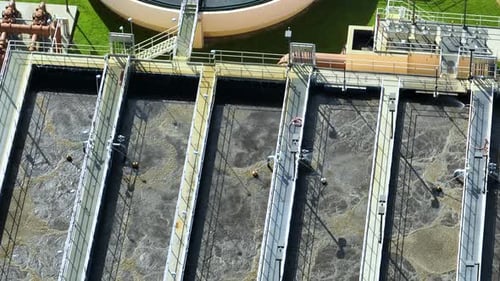 Aerial View of Modern Water Cleaning Facility at Urban Wastewater Treatment Plant