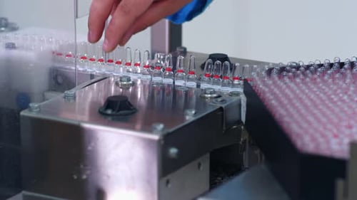 Pharmaceutical factory worker takes medical ampoules from automated production line