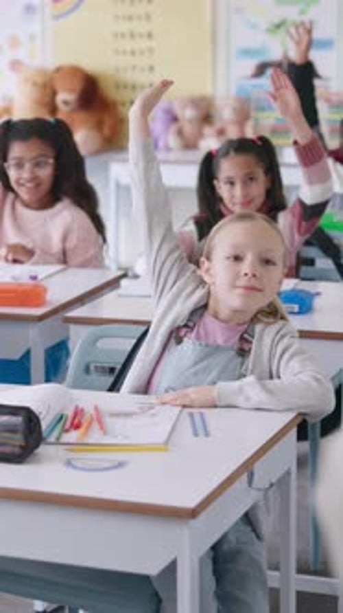 Girl, question and answer in classroom for education, school and study with active learning lesson