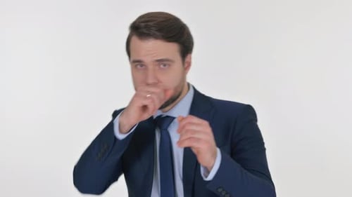 Man in Suit Shadow Boxing on White Background
