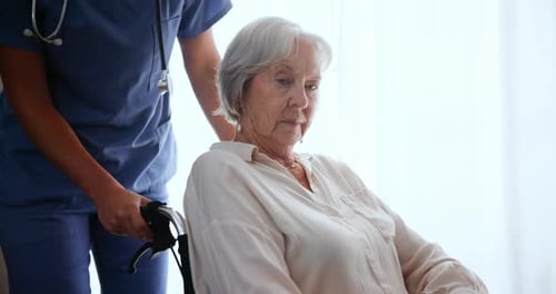 Healthcare Worker Pushing Senior Woman in Wheelchair