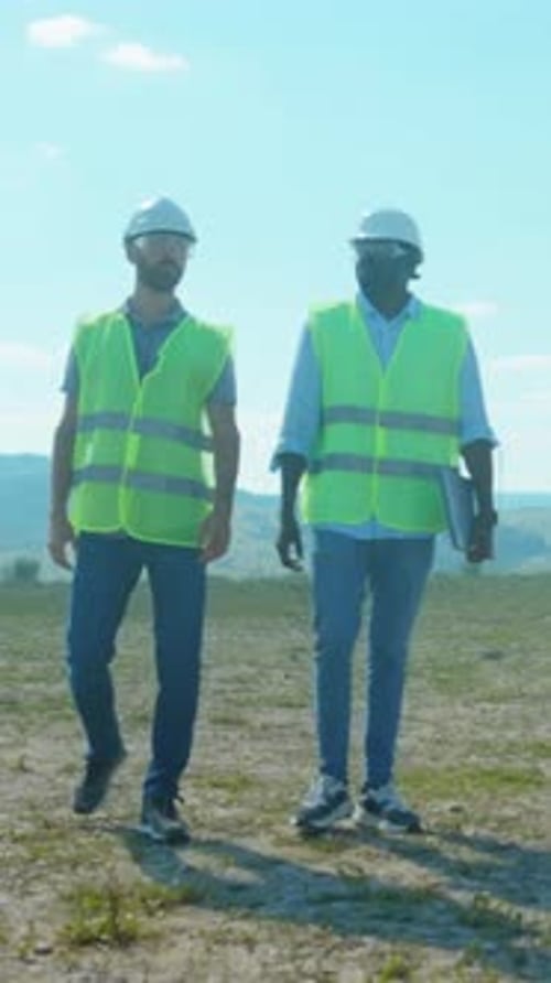 Team Members Analyze Project Details in Bright Open Field Environment Ensuring Safety and Efficiency
