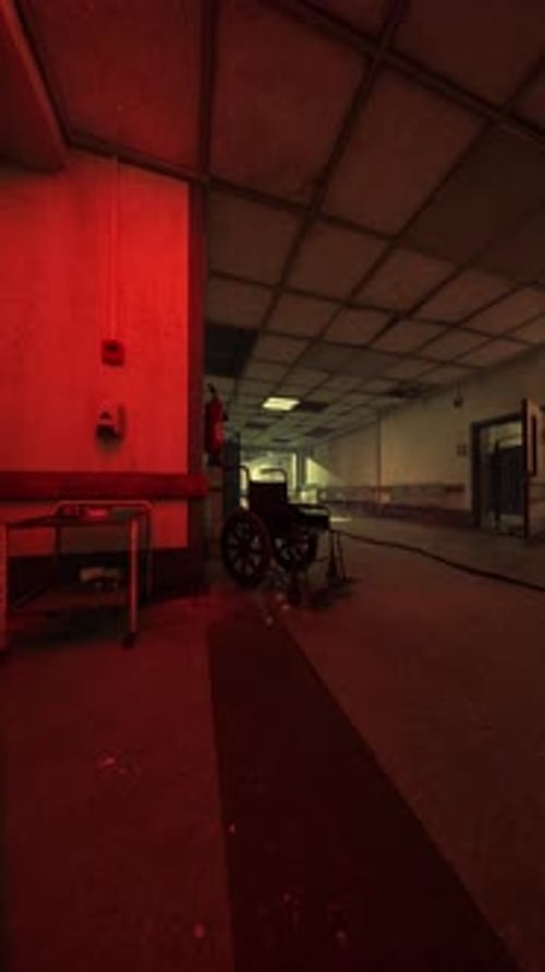 Haunting Hallway of an Old Hospital Bathed in Eerie Red Light at Dusk