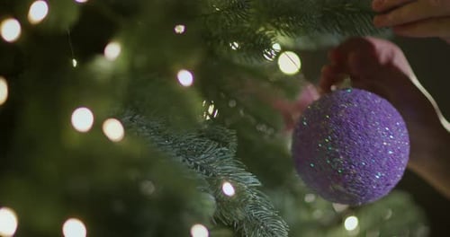 Decorating Christmas Tree with Purple Glittery Ornament