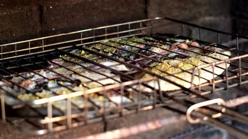 Close-up of Fresh Fish Fillets on Grill