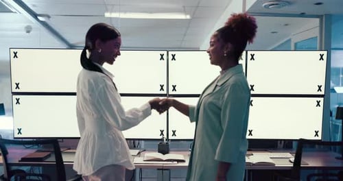 Computer screen, handshake and people in business, mockup or broadcast technician in control room