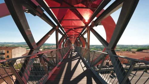 Tracking Shot Along Modern Architectural Bridge on Sunny Day