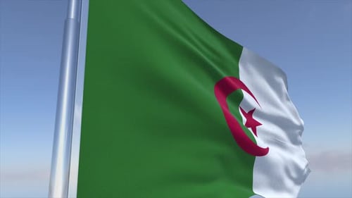 Realistic Algerian Flag Waving in Slow Motion Against Blue Sky