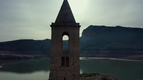 Aerial view of the Sau reservoir in drought.