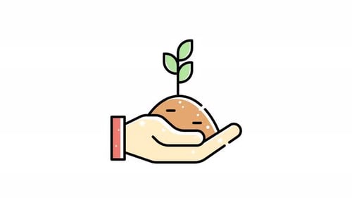 animation of Hand is holding a small plant growing in the ground.