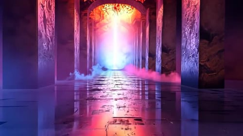 Passagem arqueada iluminada por neon, cores vibrantes, piso refletivo, atmosfera mística